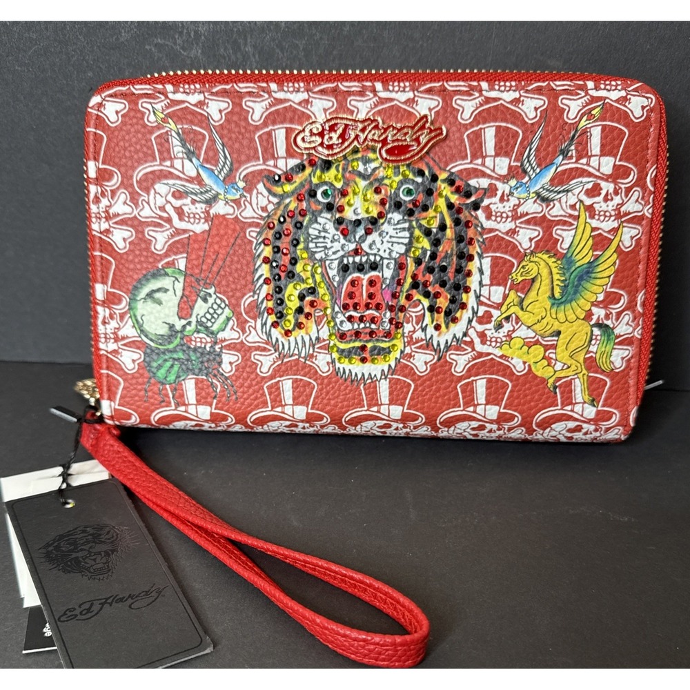 NEW Ed Hardy Red Tiger Zip Around Wristlet Wallet Skull Print 10 Card Slots NWT